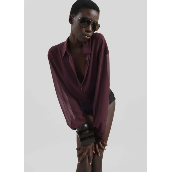 The Frankie Shop Peri Georgette Shirt - Burgundy - Oversized Minimalist Tops in Red - Shop at Luxury Shoes 