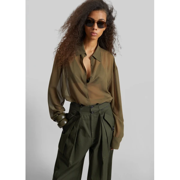 The Frankie Shop Peri Georgette Shirt - Khaki - Oversized Minimalist Tops in Green - Shop at Luxury Shoes 