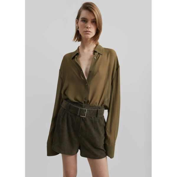 The Frankie Shop Peri Georgette Shirt - Khaki - Oversized Minimalist Tops in Green - Shop at Luxury Shoes 
