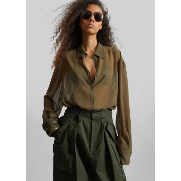 The Frankie Shop Peri Georgette Shirt - Khaki - Oversized Minimalist Tops in Green - Shop at Luxury Shoes 