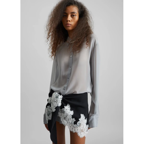 The Frankie Shop Peri Georgette Shirt - Slate Grey - Oversized Minimalist Tops in Grey - Shop at Luxury Shoes 