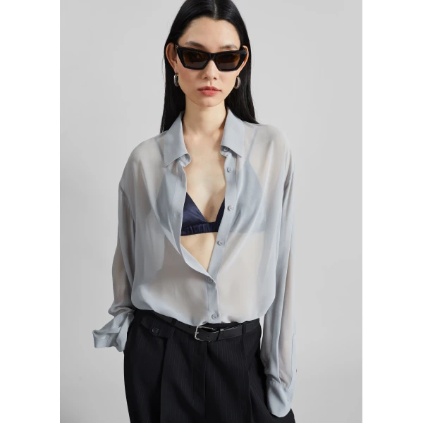 The Frankie Shop Peri Georgette Shirt - Slate Grey - Oversized Minimalist Tops in Grey - Shop at Luxury Shoes 