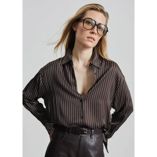 The Frankie Shop Peri Satin Fluid Shirt - Brown/White Pinstripe - Oversized Minimalist Tops in Multicolour - Shop at Luxury Shoes 