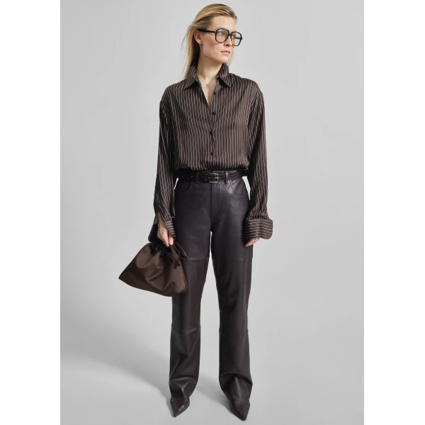 The Frankie Shop Peri Satin Fluid Shirt - Brown/White Pinstripe - Oversized Minimalist Tops in Multicolour - Shop at Luxury Shoes 