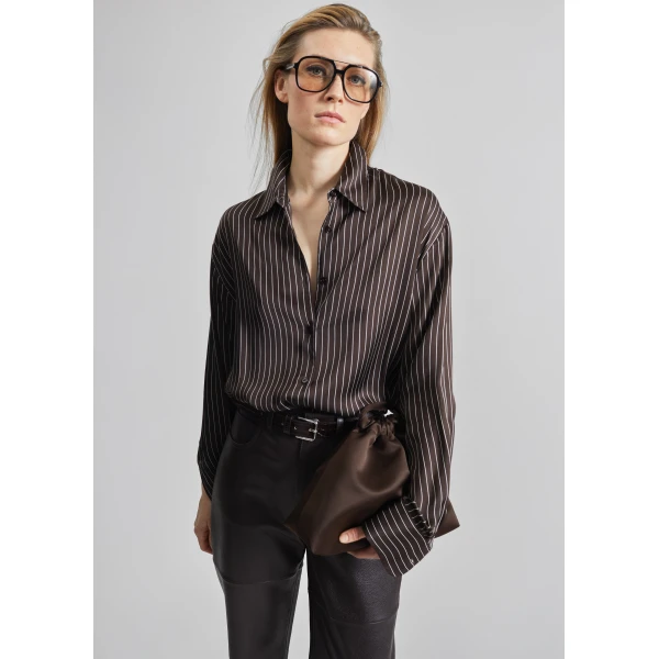 The Frankie Shop Peri Satin Fluid Shirt - Brown/White Pinstripe - Oversized Minimalist Tops in Multicolour - Shop at Luxury Shoes 