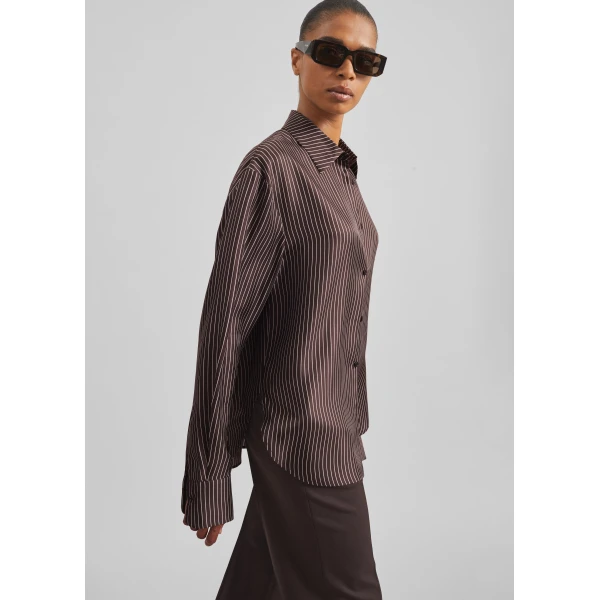 The Frankie Shop Peri Satin Fluid Shirt - Brown/White Pinstripe - Oversized Minimalist Tops in Multicolour - Shop at Luxury Shoes 