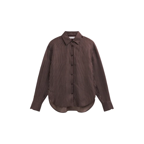 The Frankie Shop Peri Satin Fluid Shirt - Brown/White Pinstripe - Oversized Minimalist Tops in Multicolour - Shop at Luxury Shoes 