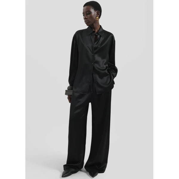 The Frankie Shop Peri Satin Shirt - Black - Oversized Minimalist Tops in Black - Shop at Luxury Shoes 