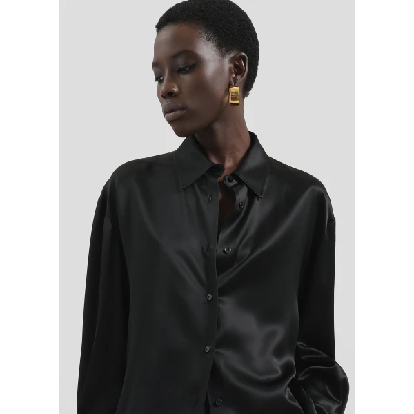 The Frankie Shop Peri Satin Shirt - Black - Oversized Minimalist Tops in Black - Shop at Luxury Shoes 