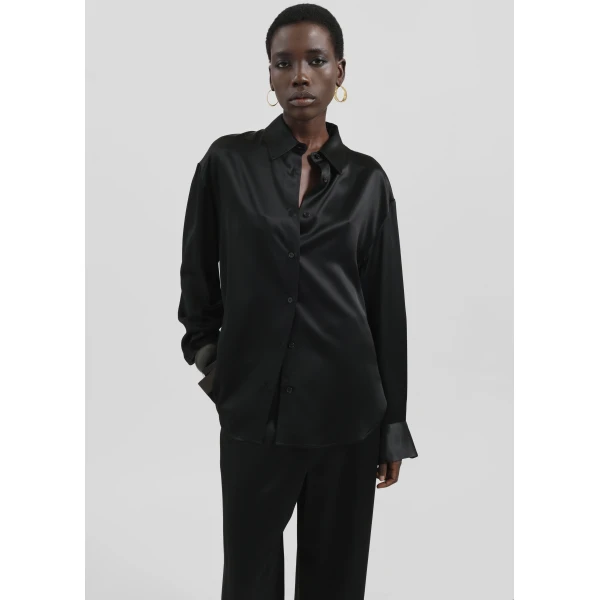 The Frankie Shop Peri Satin Shirt - Black - Oversized Minimalist Tops in Black - Shop at Luxury Shoes 