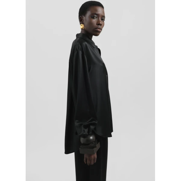 The Frankie Shop Peri Satin Shirt - Black - Oversized Minimalist Tops in Black - Shop at Luxury Shoes 