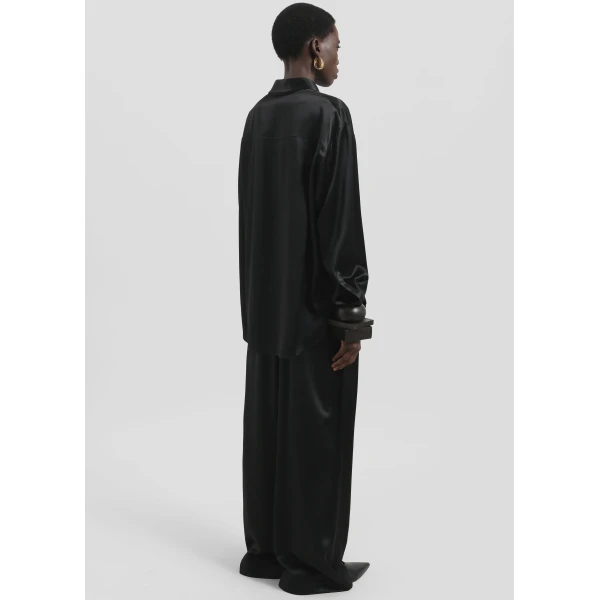 The Frankie Shop Peri Satin Shirt - Black - Oversized Minimalist Tops in Black - Shop at Luxury Shoes 