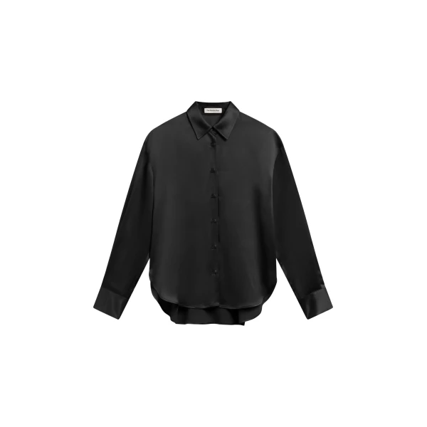 The Frankie Shop Peri Satin Shirt - Black - Oversized Minimalist Tops in Black - Shop at Luxury Shoes 