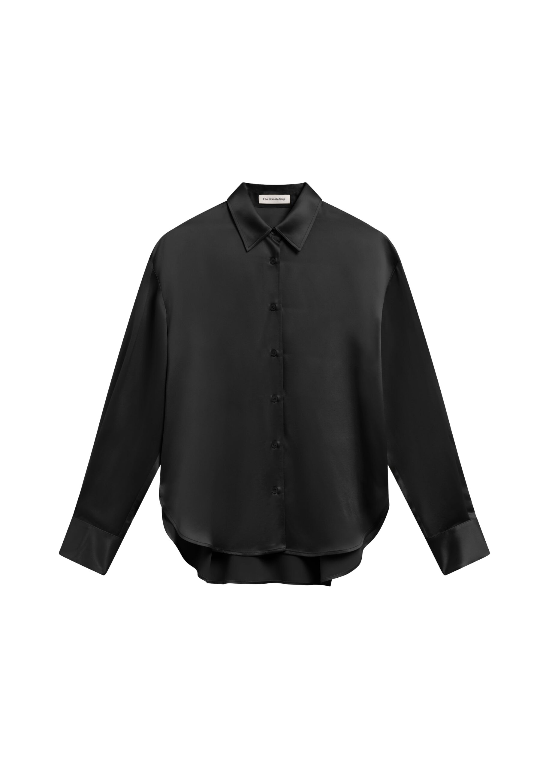 The Frankie Shop Peri Satin Shirt - Black - Oversized Minimalist Tops in Black - Shop at Luxury Shoes 