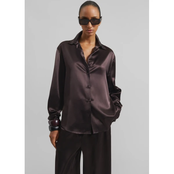The Frankie Shop Peri Satin Shirt - Brown - Oversized Minimalist Tops in Beige - Shop at Luxury Shoes 