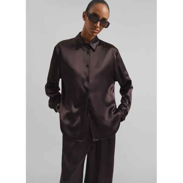 The Frankie Shop Peri Satin Shirt - Brown - Oversized Minimalist Tops in Beige - Shop at Luxury Shoes 