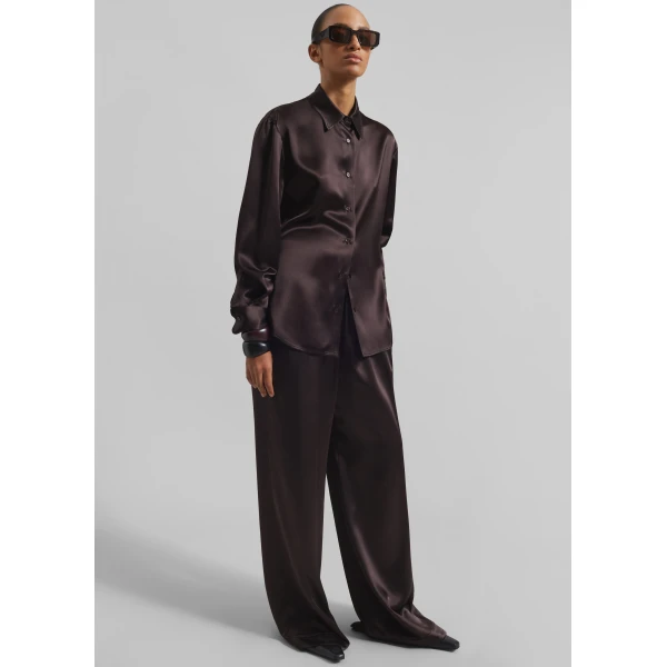 The Frankie Shop Peri Satin Shirt - Brown - Oversized Minimalist Tops in Beige - Shop at Luxury Shoes 