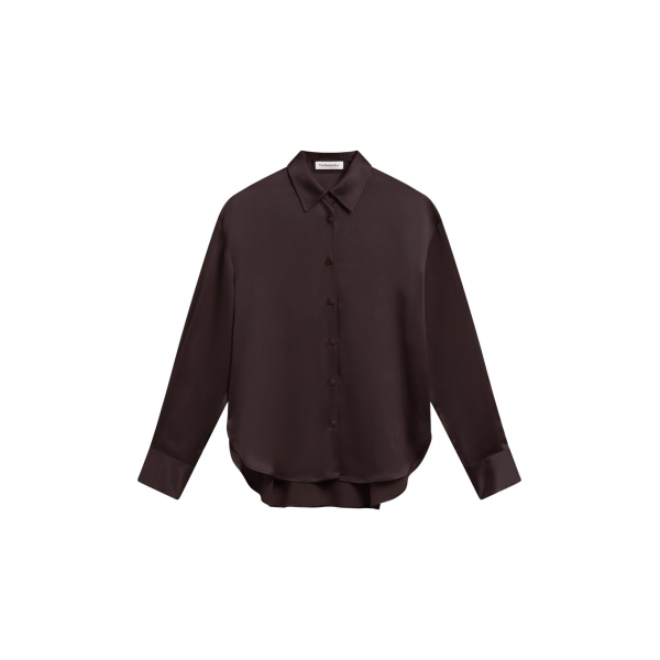 The Frankie Shop Peri Satin Shirt - Brown - Oversized Minimalist Tops in Beige - Shop at Luxury Shoes 