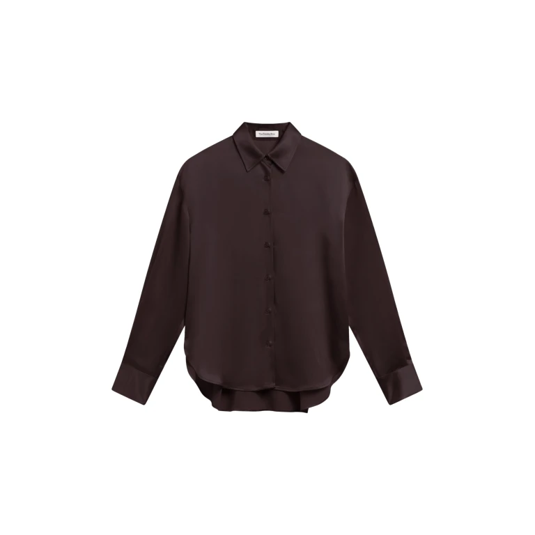 The Frankie Shop Peri Satin Shirt - Brown - Oversized Minimalist Tops in Beige - Shop at Luxury Shoes 