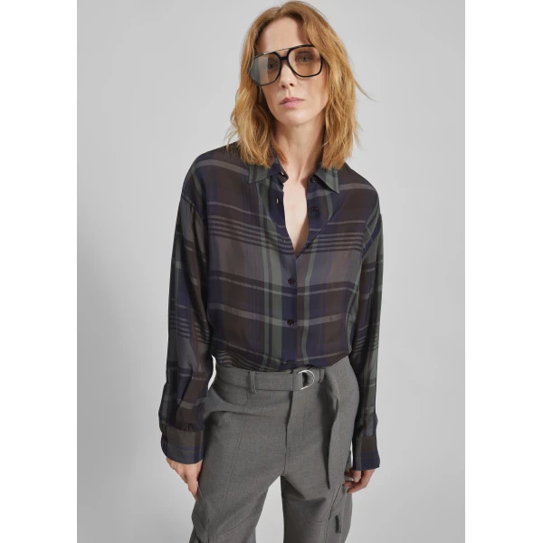 The Frankie Shop Peri Sheer Fluid Shirt - Navy Tartan - Oversized Minimalist Tops in Multicolour - Shop at Luxury Shoes 