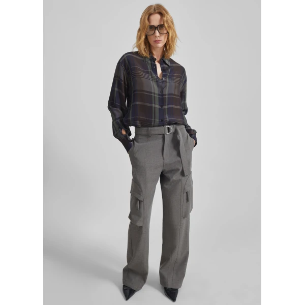 The Frankie Shop Peri Sheer Fluid Shirt - Navy Tartan - Oversized Minimalist Tops in Multicolour - Shop at Luxury Shoes 