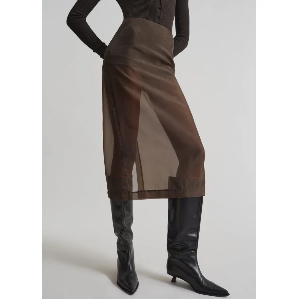 The Frankie Shop Peri Sheer Midi Skirt - Brown - Oversized Minimalist Skirts in Beige - Shop at Luxury Shoes 