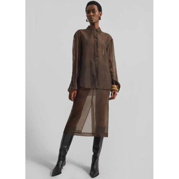 The Frankie Shop Peri Sheer Midi Skirt - Brown - Oversized Minimalist Skirts in Beige - Shop at Luxury Shoes 