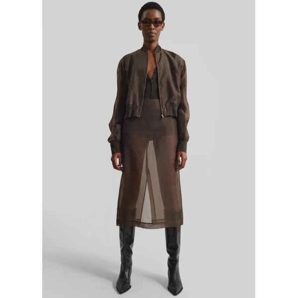 The Frankie Shop Peri Sheer Midi Skirt - Brown - Oversized Minimalist Skirts in Beige - Shop at Luxury Shoes 