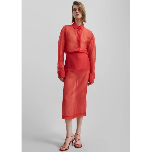 The Frankie Shop Peri Sheer Midi Skirt - Red - Oversized Minimalist Skirts in Red - Shop at Luxury Shoes 