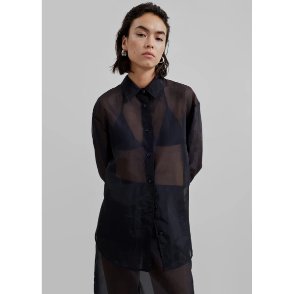 The Frankie Shop Peri Sheer Shirt - Black - Oversized Minimalist Tops in Black - Shop at Luxury Shoes 