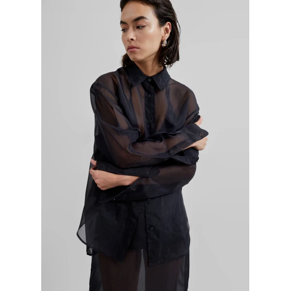 The Frankie Shop Peri Sheer Shirt - Black - Oversized Minimalist Tops in Black - Shop at Luxury Shoes 