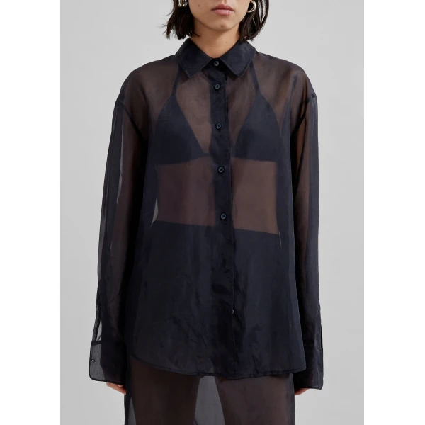 The Frankie Shop Peri Sheer Shirt - Black - Oversized Minimalist Tops in Black - Shop at Luxury Shoes 