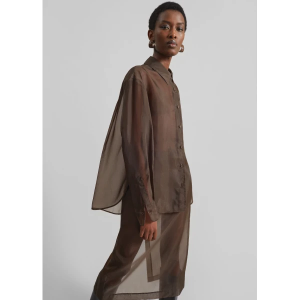 The Frankie Shop Peri Sheer Shirt - Brown - Oversized Minimalist Tops in Beige - Shop at Luxury Shoes 