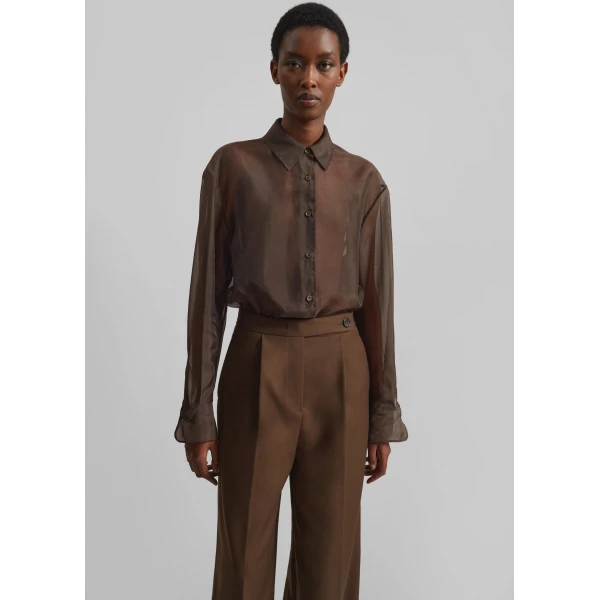 The Frankie Shop Peri Sheer Shirt - Brown - Oversized Minimalist Tops in Beige - Shop at Luxury Shoes 