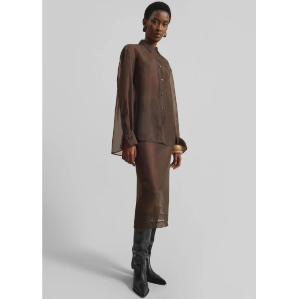 The Frankie Shop Peri Sheer Shirt - Brown - Oversized Minimalist Tops in Beige - Shop at Luxury Shoes 