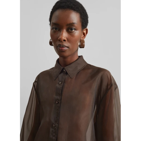 The Frankie Shop Peri Sheer Shirt - Brown - Oversized Minimalist Tops in Beige - Shop at Luxury Shoes 