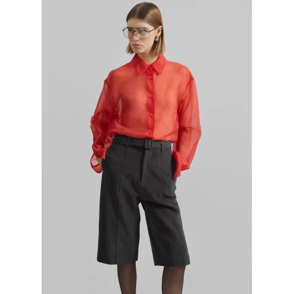 The Frankie Shop Peri Sheer Shirt - Red - Oversized Minimalist Tops in Red - Shop at Luxury Shoes 