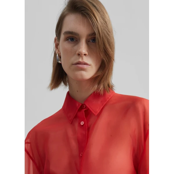 The Frankie Shop Peri Sheer Shirt - Red - Oversized Minimalist Tops in Red - Shop at Luxury Shoes 