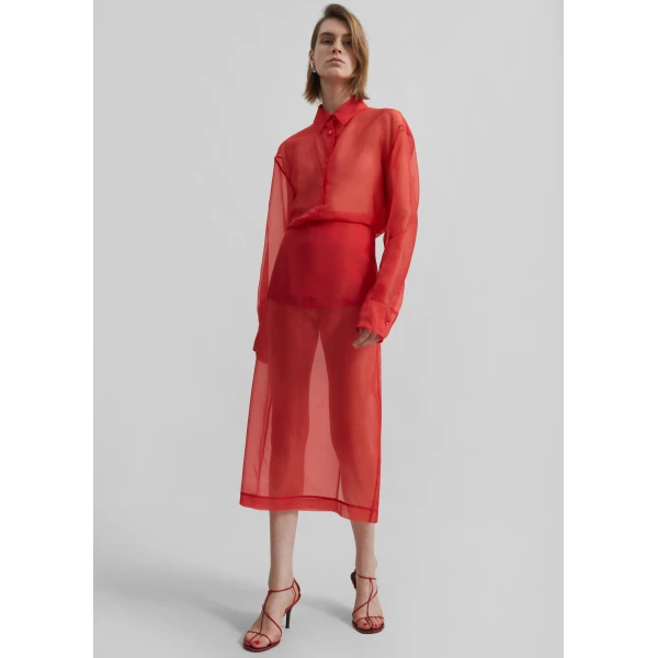 The Frankie Shop Peri Sheer Shirt - Red - Oversized Minimalist Tops in Red - Shop at Luxury Shoes 