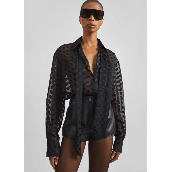 The Frankie Shop Peri Sheer Tie-Neck Shirt - Black Polka Dot - Oversized Minimalist Tops in Multicolour - Shop at Luxury Shoes 