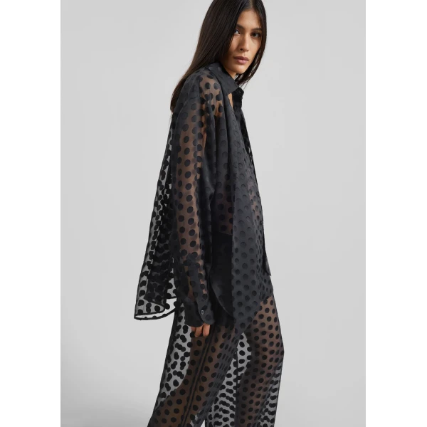The Frankie Shop Peri Sheer Tie-Neck Shirt - Black Polka Dot - Oversized Minimalist Tops in Multicolour - Shop at Luxury Shoes 