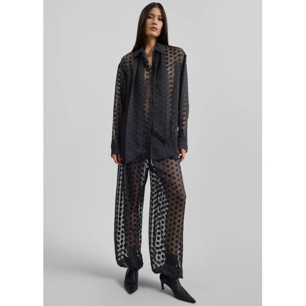 The Frankie Shop Peri Sheer Tie-Neck Shirt - Black Polka Dot - Oversized Minimalist Tops in Multicolour - Shop at Luxury Shoes 