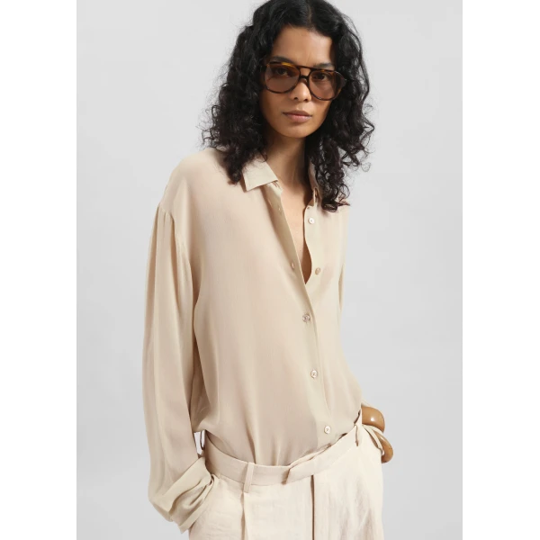 The Frankie Shop Peri Silk Georgette Shirt - Beige - Oversized Minimalist Tops in Beige - Shop at Luxury Shoes 