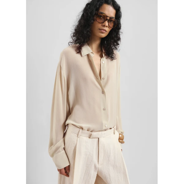 The Frankie Shop Peri Silk Georgette Shirt - Beige - Oversized Minimalist Tops in Beige - Shop at Luxury Shoes 