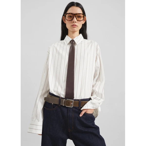The Frankie Shop Peri Striped Cotton Shirt - White/Brown Stripe - Oversized Minimalist Tops in Multicolour - Shop at Luxury Shoes 