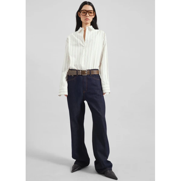 The Frankie Shop Peri Striped Cotton Shirt - White/Brown Stripe - Oversized Minimalist Tops in Multicolour - Shop at Luxury Shoes 