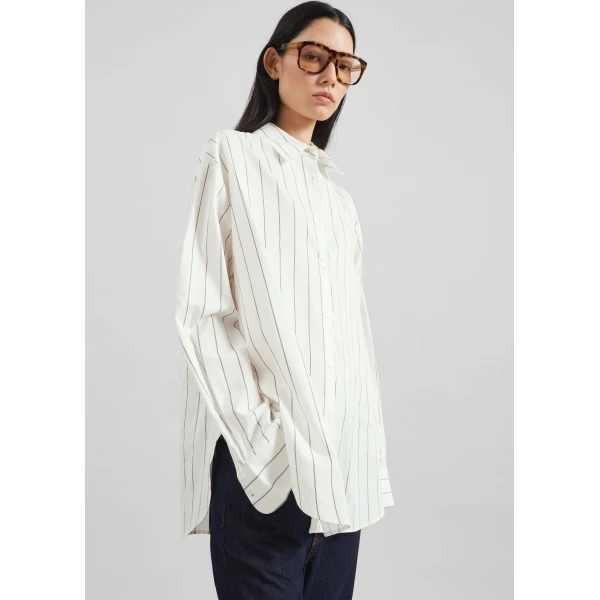 The Frankie Shop Peri Striped Cotton Shirt - White/Brown Stripe - Oversized Minimalist Tops in Multicolour - Shop at Luxury Shoes 