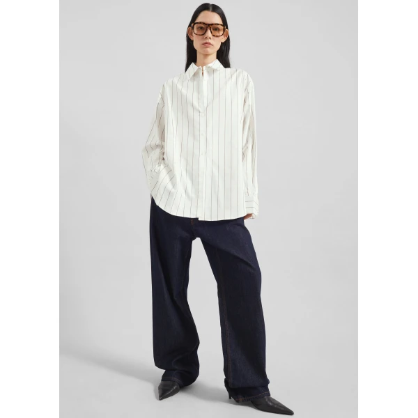 The Frankie Shop Peri Striped Cotton Shirt - White/Brown Stripe - Oversized Minimalist Tops in Multicolour - Shop at Luxury Shoes 