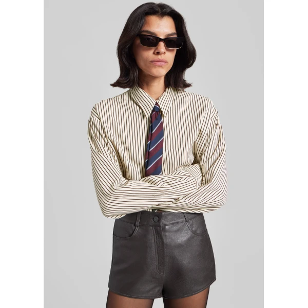 The Frankie Shop Peri Striped Fluid Shirt - Beige/Brown - Oversized Minimalist Tops in Beige - Shop at Luxury Shoes 