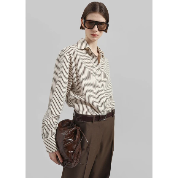 The Frankie Shop Peri Striped Fluid Shirt - Beige/Brown - Oversized Minimalist Tops in Beige - Shop at Luxury Shoes 